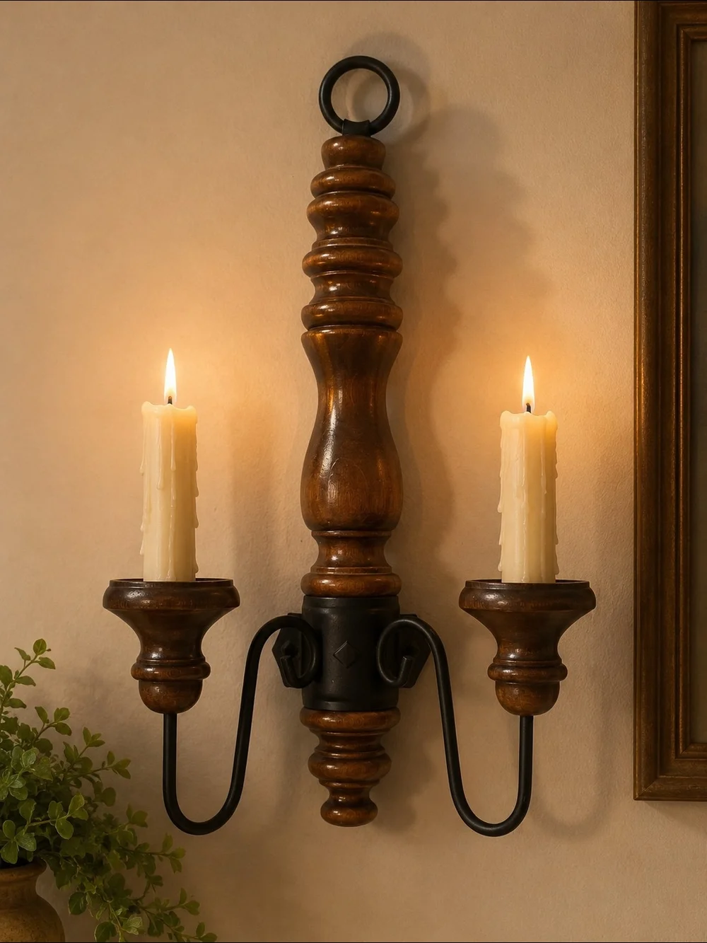 Vintage HOMCO Wood and Wrought Iron Double Candle Wall Sconce